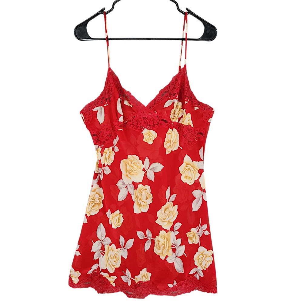 Victorias Secret Babydoll Slip Dress M Red Floral Top Cami Nightie Chemise Fairy